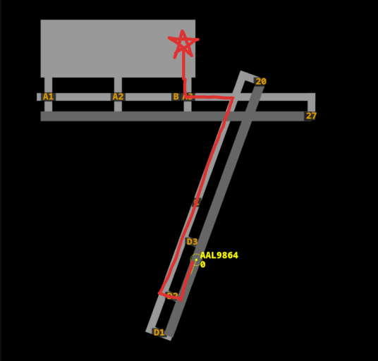 aircraft on a runway with a hand-drawn line drawn for its waypoints