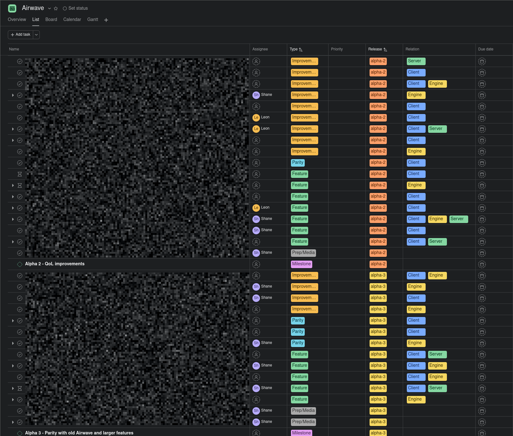 intentionally blurred screenshot of our Asana board