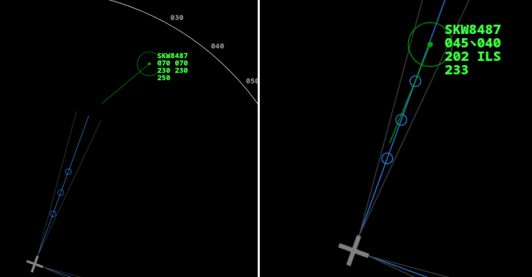 split image of an aircraft entering, then lining up to land